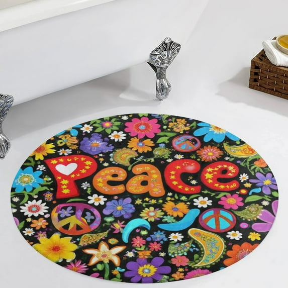 Peace Floral Hippie Pattern Round Area Rugs for Bedroom Living Room, 5FT Soft Comfy Indoor Circle Carpets, Carpet Home Decor Floor Mat