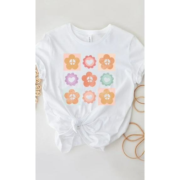 Peace Flower Power Grid Spring Graphic Tee T-Shirt
