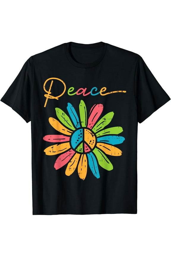Peace Flower Vintage Colorful Floral Hippi Hippy Women T-Shirt Black Medium