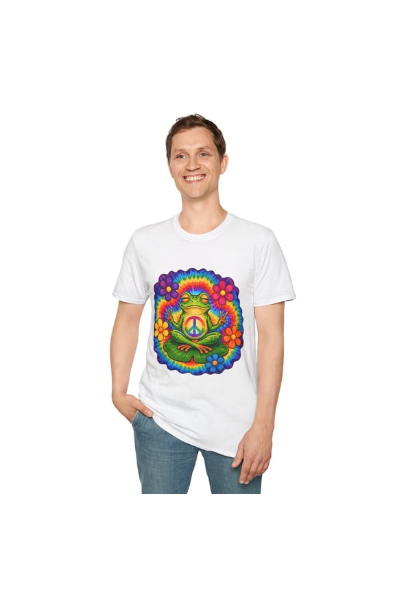 Peace Frog Tie Dye Hippie Psychedelic Flower Rainbow Unisex Softstyle T-Shirt