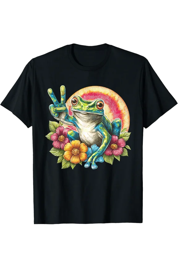 Peace Frog With Flowers Tie Dye Retro 1970S T-Shirt Size S-5XL