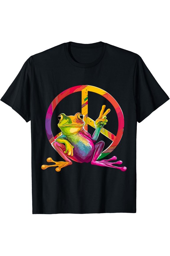 Peace Frog With Tie-Dye Sign Retro Graphic T-Shirt Size S-5XL