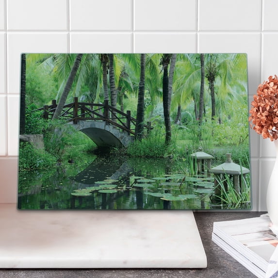 Peace Garden Cutting Board, Green Landscape in South China Palm Trees and Bushes Growth Nature, Decorative Tempered Glass Cutting and Serving Board, Large Size, Green Grey Brown, by Ambesonne