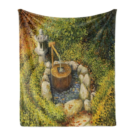Peace Garden Soft Flannel Fleece Blanket, Tranquil Nature Scenery with a Stone Lantern and Water Basin Early Autumn Season, Cozy Plush for Indoor and Outdoor Use, 60" x 80", Multicolor, by Ambesonne