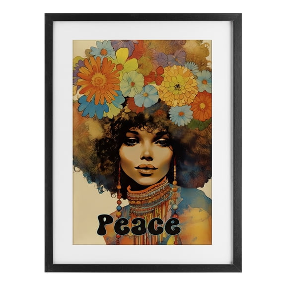 Peace Groovy Afro Girl Black Framed Print Under Glass, design by Sasha