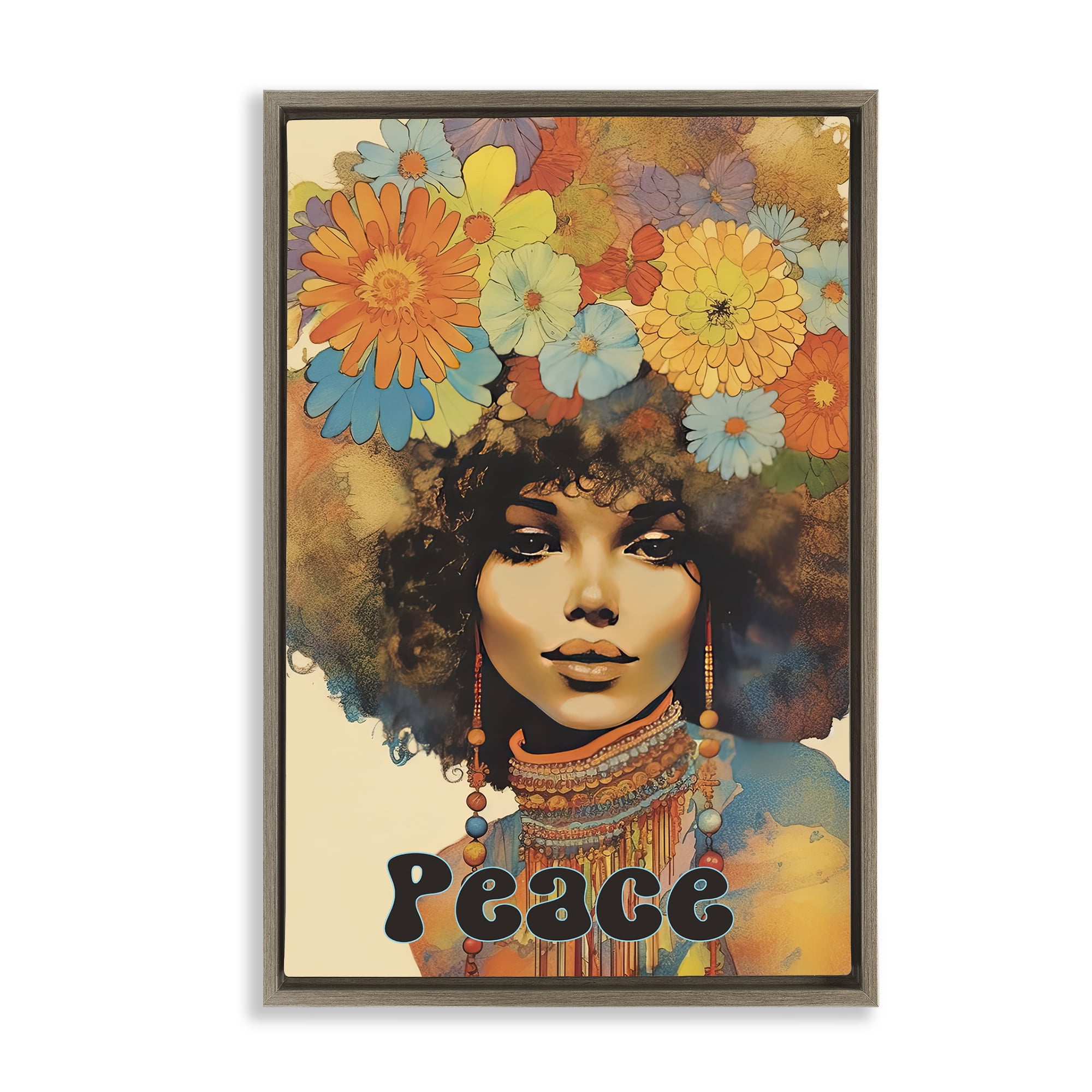 Peace Groovy Afro Girl Brown Framed Floater Canvas Wall Art, design by Sasha