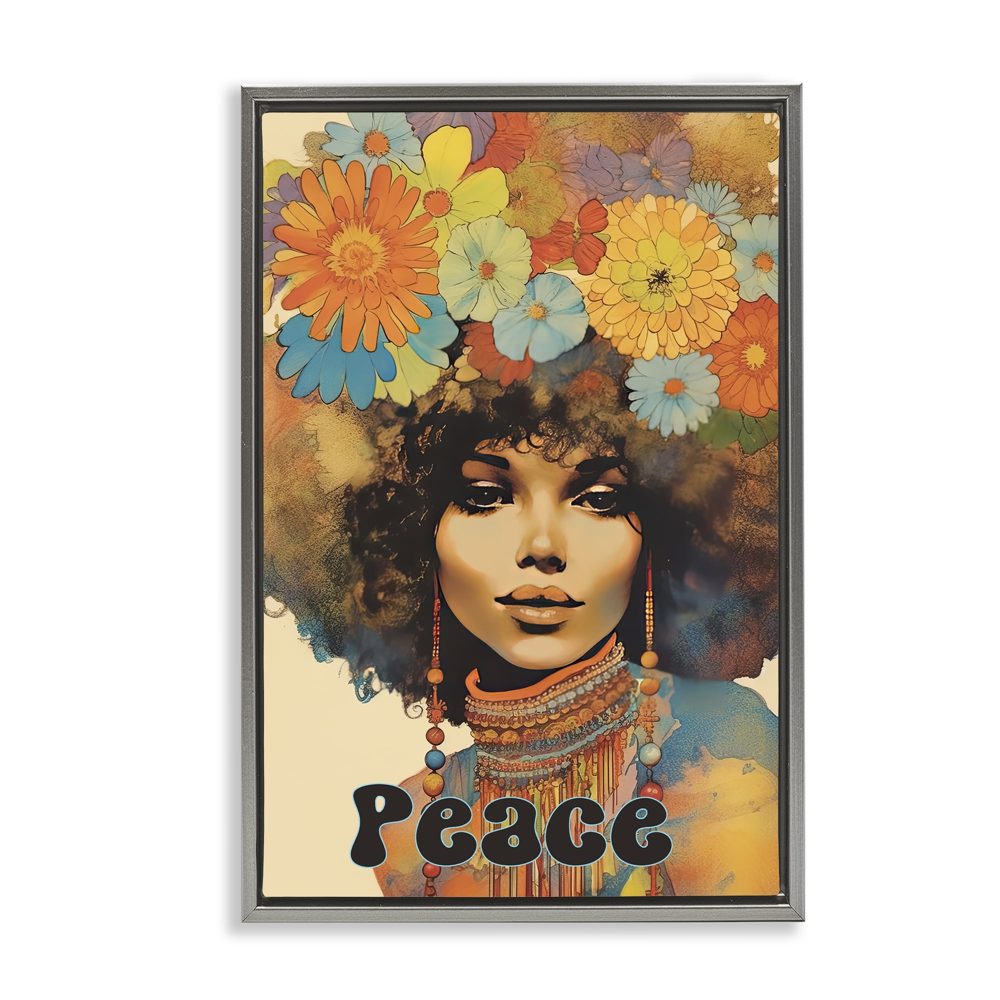 Peace Groovy Afro Girl Gray Framed Floater Canvas Wall Art, design by Sasha
