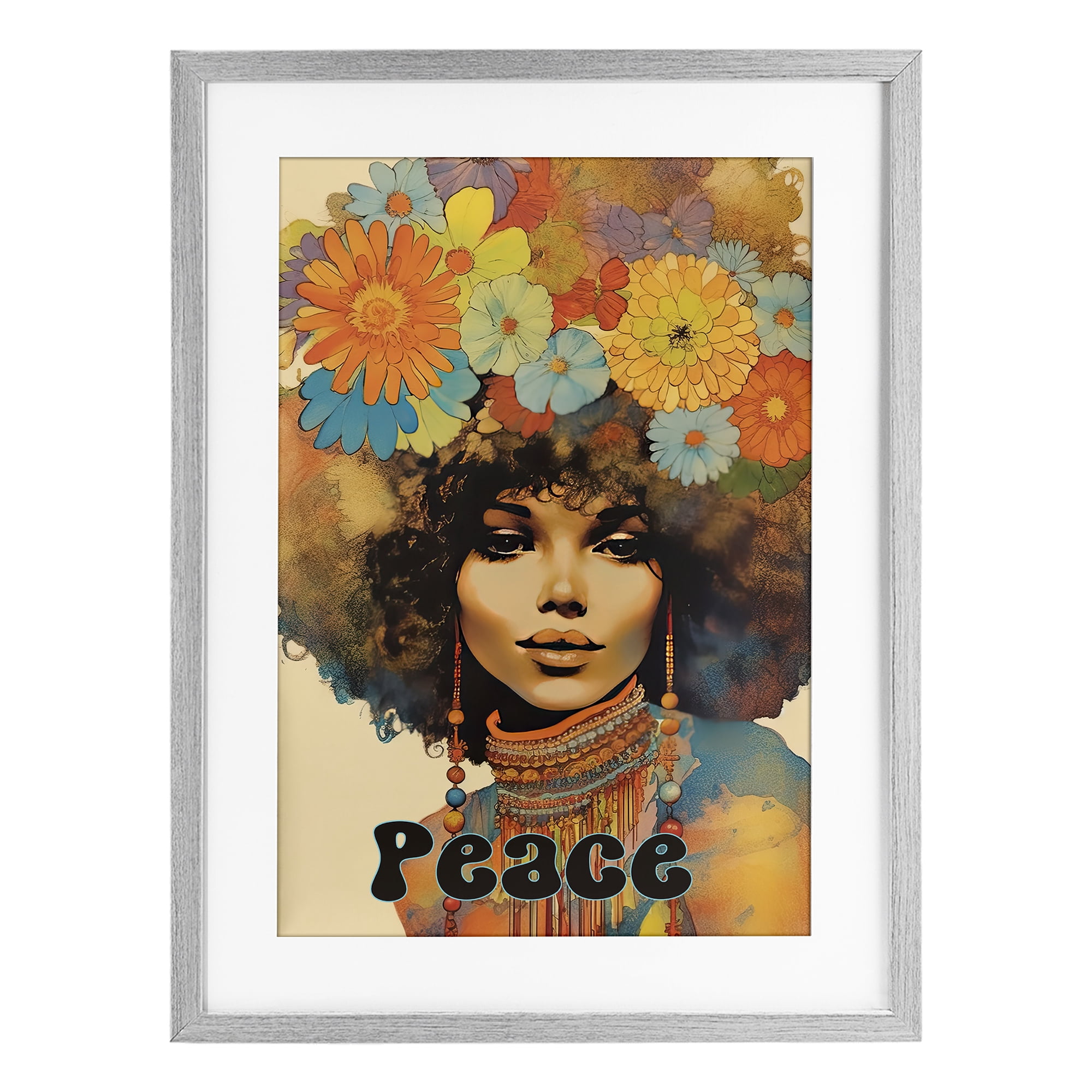 Peace Groovy Afro Girl Gray Framed Print Under Glass, design by Sasha