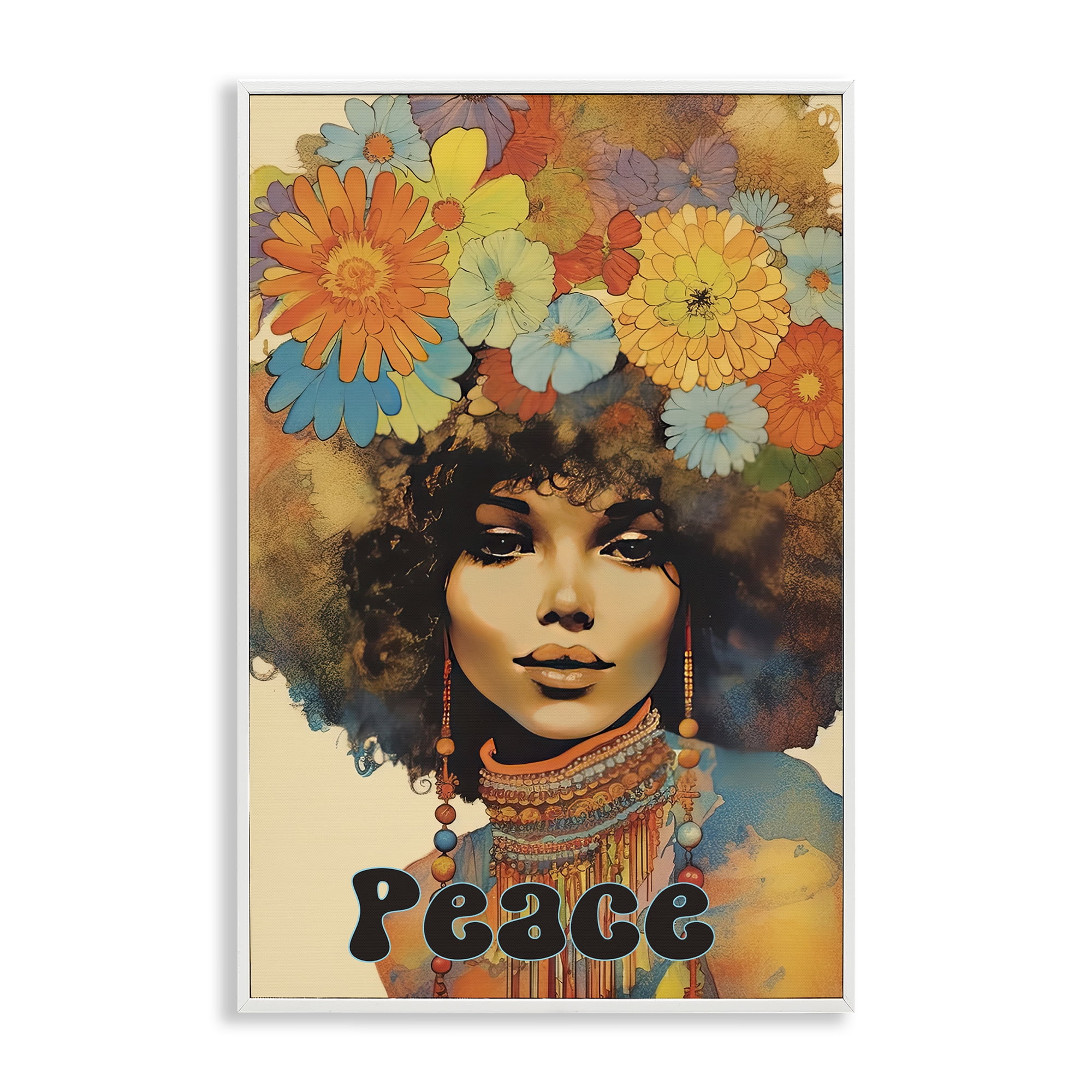 Peace Groovy Afro Girl White Framed Giclee Art, design by Sasha