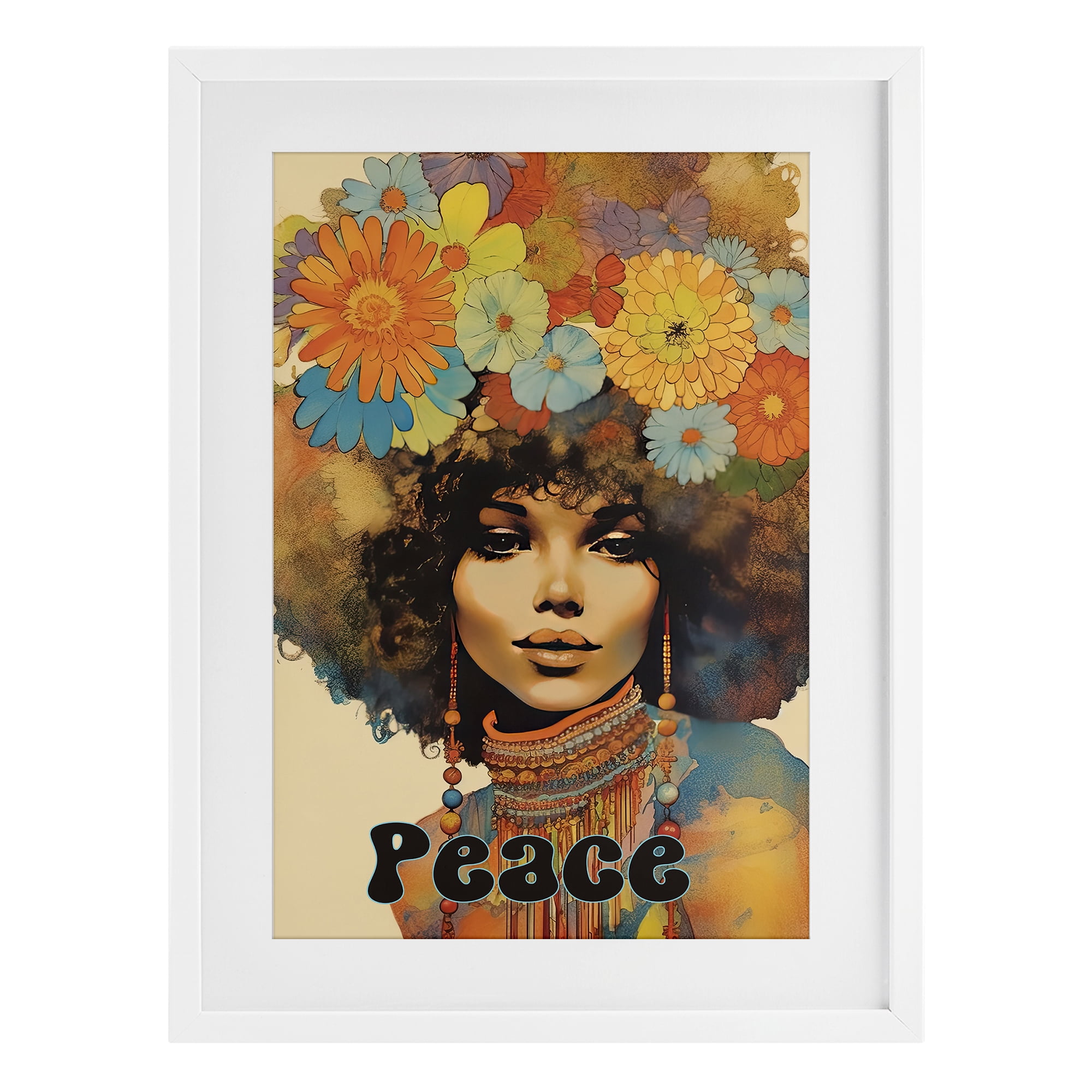Peace Groovy Afro Girl White Framed Print Under Glass, design by Sasha