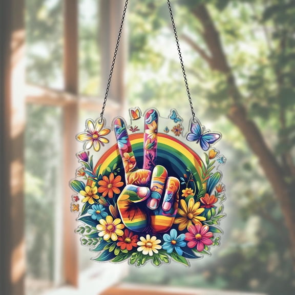 Peace Hand Acrylic Suncatcher Window Hanging, Hippie Boho Window Decor Gift