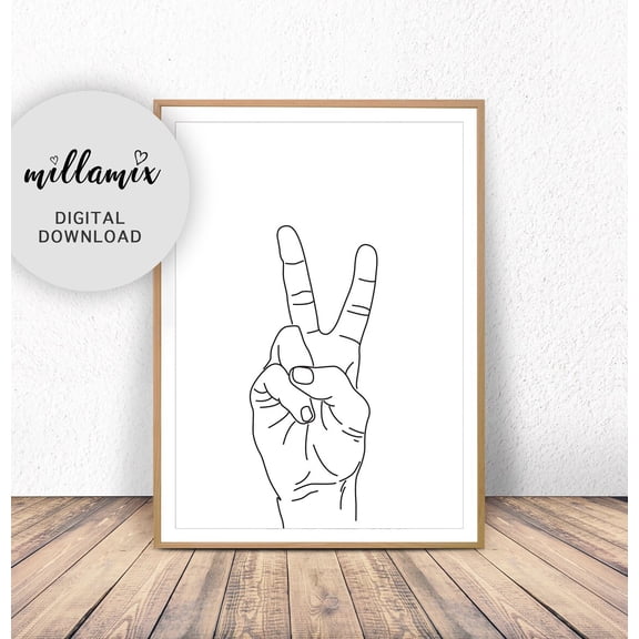 Peace Hand Line Art Print Home Decor #1742, 24x36 UNFRAMED