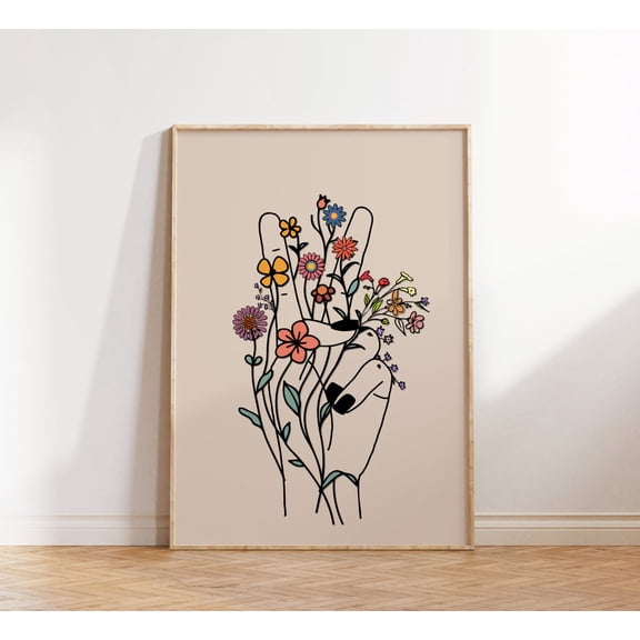 Peace Hand Retro Flower For Hippie Lover Housewarming Wall Art Unframed Paper Print
