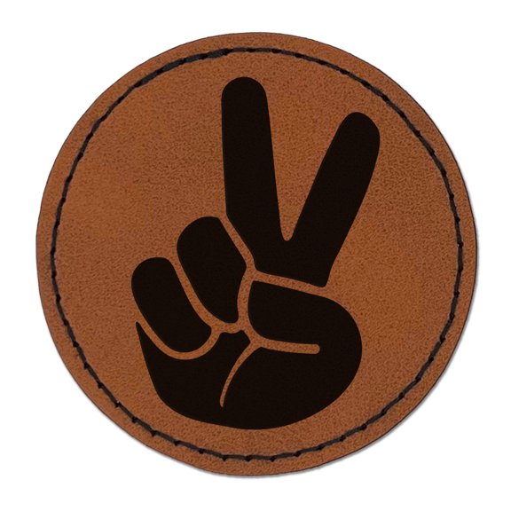 Peace Hand Sign 2.5" Faux Leather Round Engraved Iron-On Patch - Brown