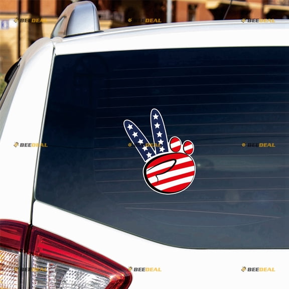 Peace Hand Sign Gesture Sticker Decal Vinyl American Flag Color - 2 Pack Reflective 4" - For Car Boat Laptop Cup