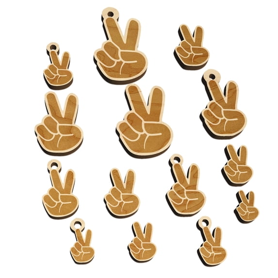 Peace Hand Sign Wood Mini Charms Shapes DIY Craft Jewelry - With Hole - 14mm (26pcs)