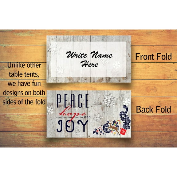 Peace and Joy Christmas Table Tent Place Cards - 25 Peace and Joy Holiday Guest