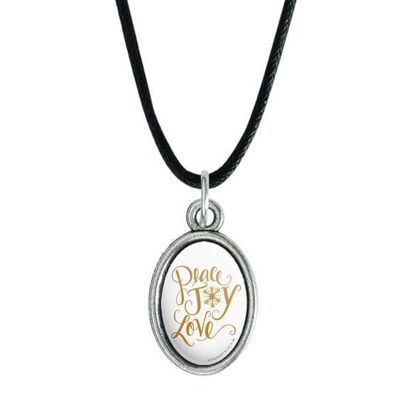 Peace Joy Love Christmas Antiqued Oval Charm Pendant with Black Satin Cord