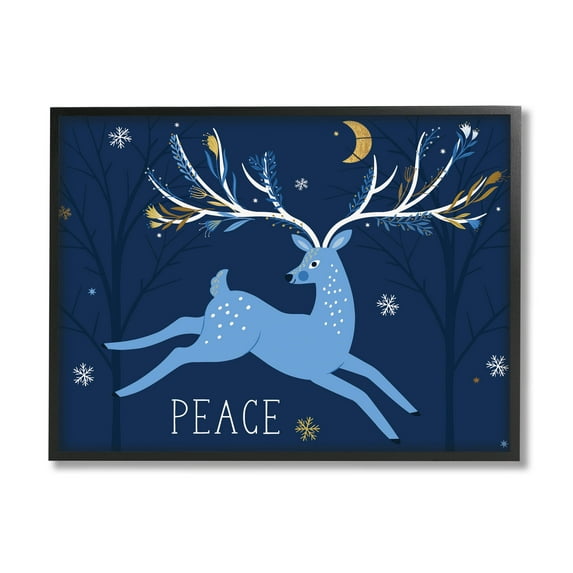Peace Jumping Deer Snowflakes Holiday Graphic Art Black Framed Art Print Wall Art