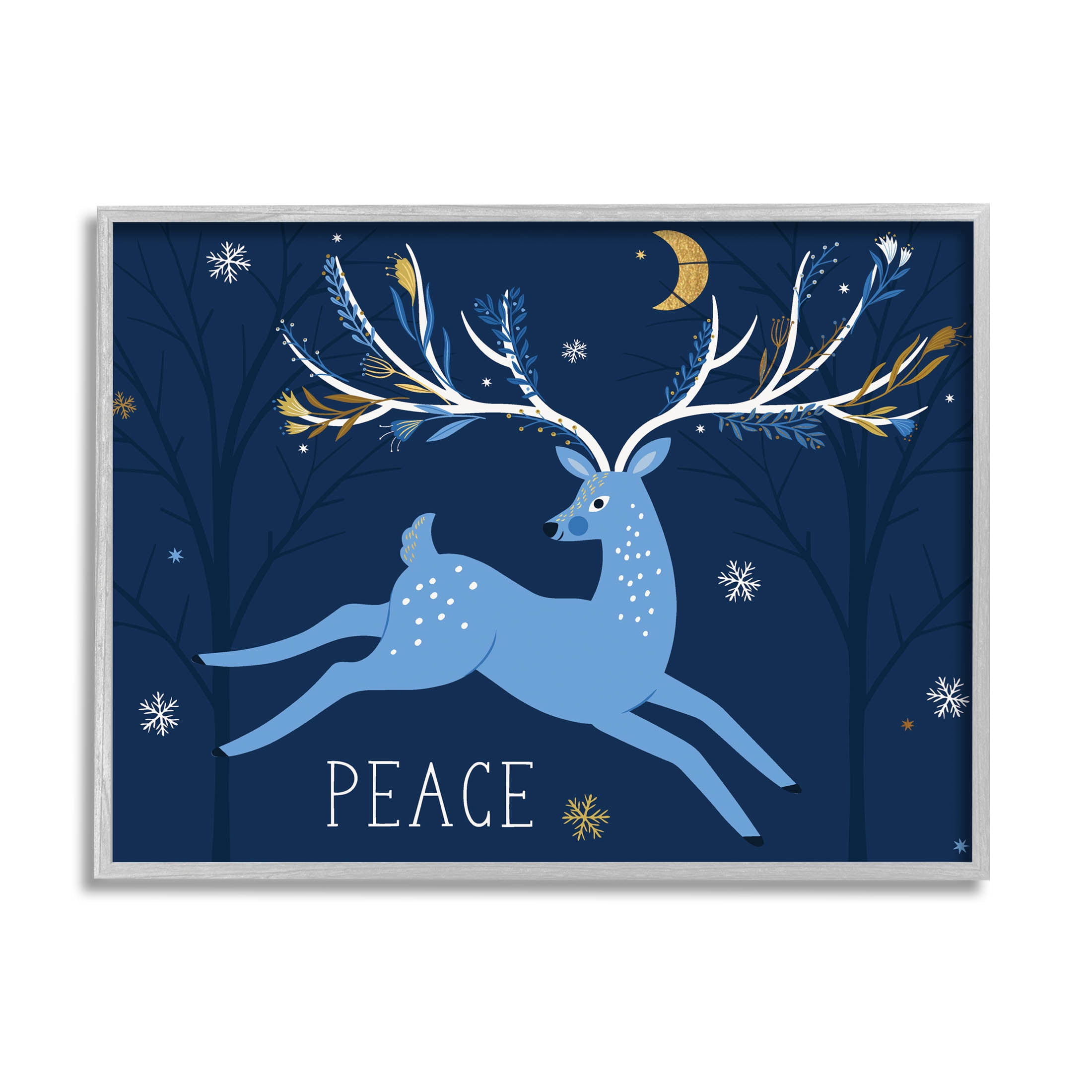 Peace Jumping Deer Snowflakes Holiday Graphic Art Gray Framed Art Print Wall Art