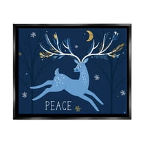 Peace Jumping Deer Snowflakes Holiday Graphic Art Jet Black Framed Art Print Wall Art