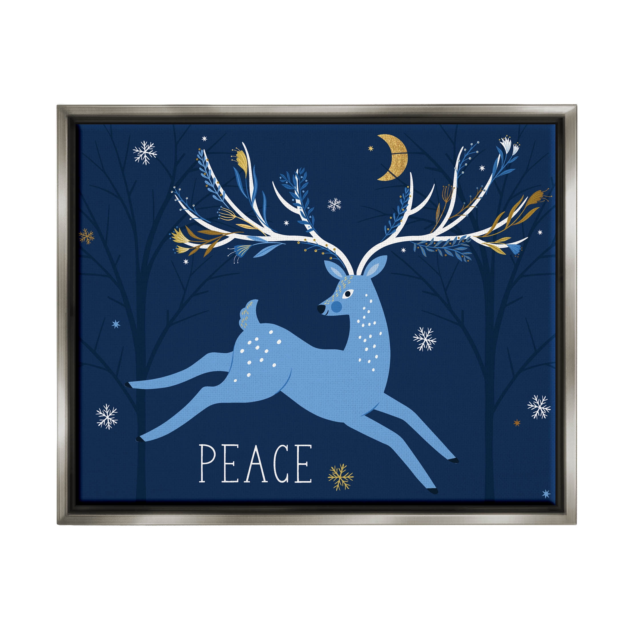 Peace Jumping Deer Snowflakes Holiday Graphic Art Luster Gray Framed Art Print Wall Art