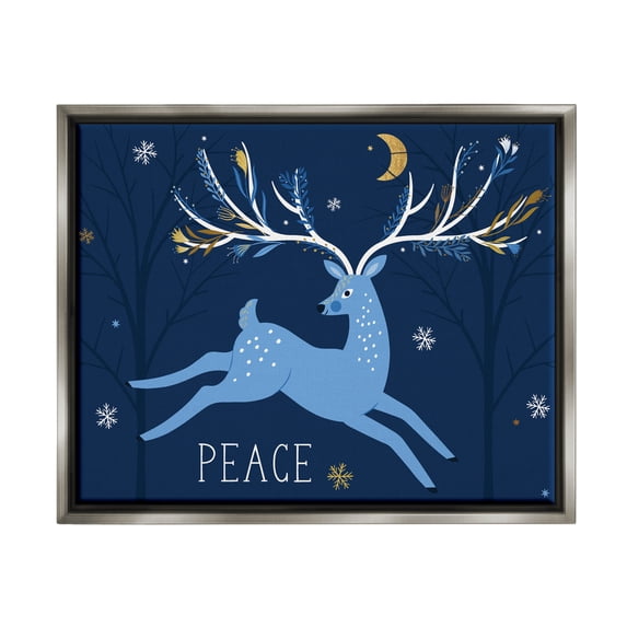 Peace Jumping Deer Snowflakes Holiday Graphic Art Luster Gray Framed Art Print Wall Art