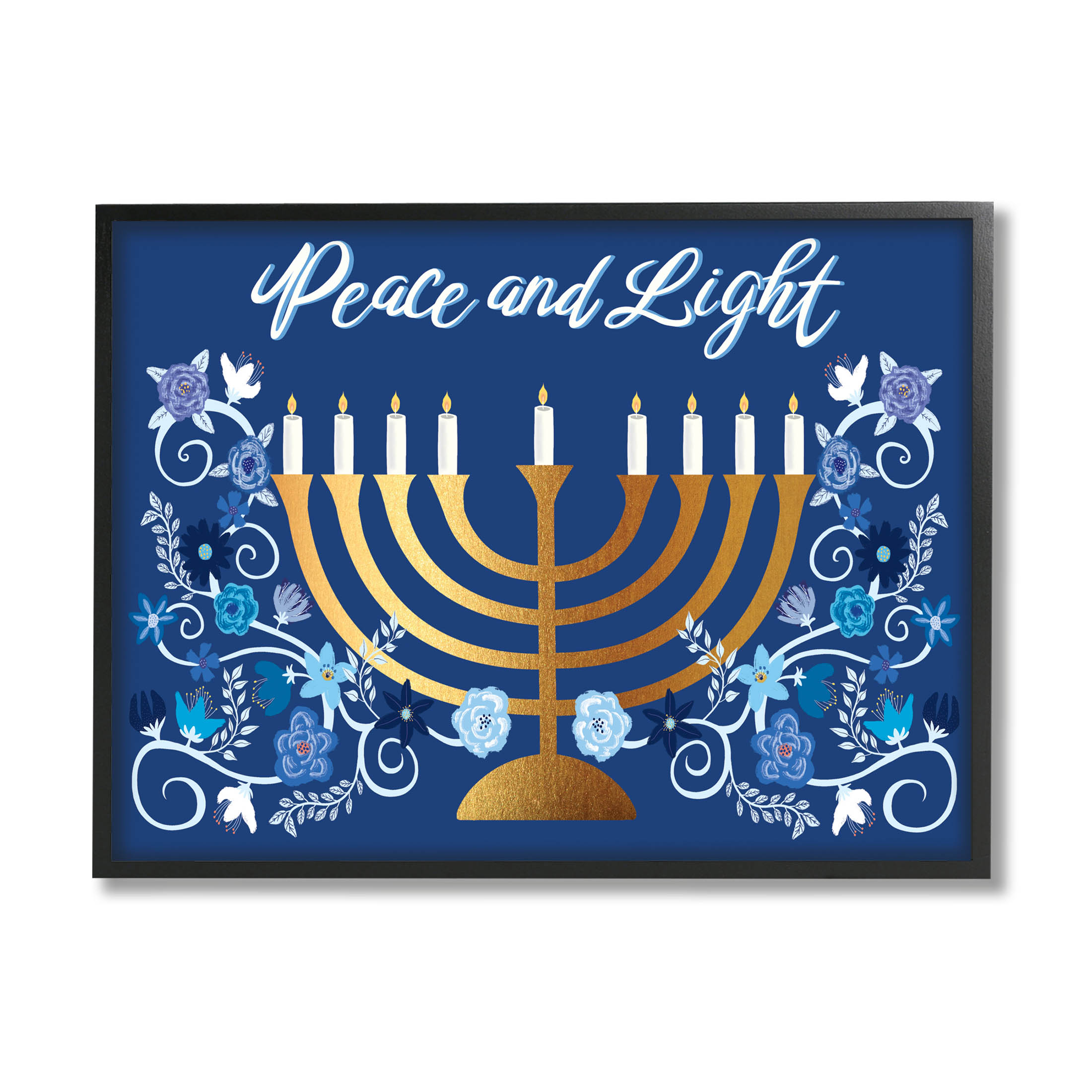 Peace & Light Floral Hanukkah Menorah Holiday Graphic Art Black Framed Art Print Wall Art