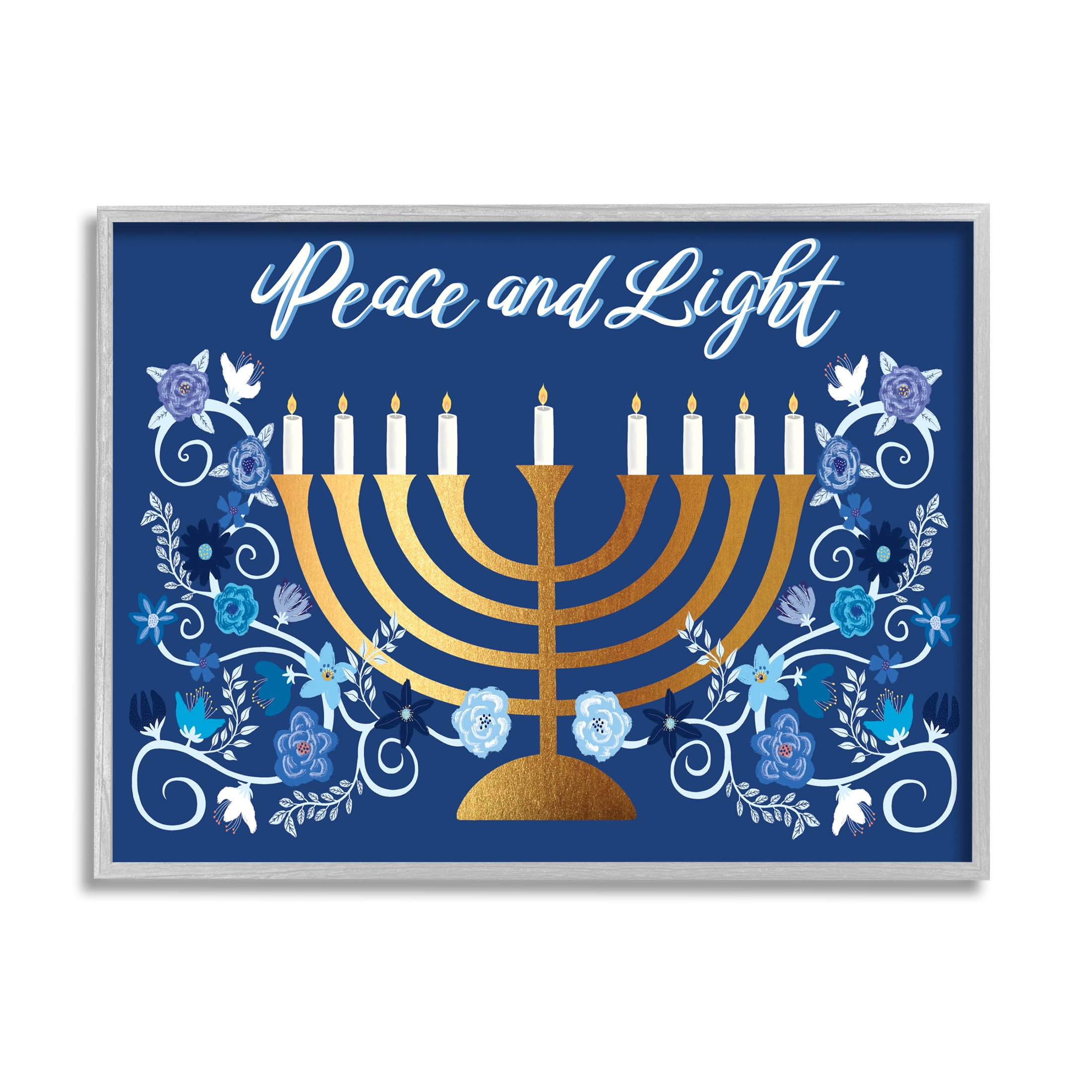 Peace & Light Floral Hanukkah Menorah Holiday Graphic Art Gray Framed Art Print Wall Art
