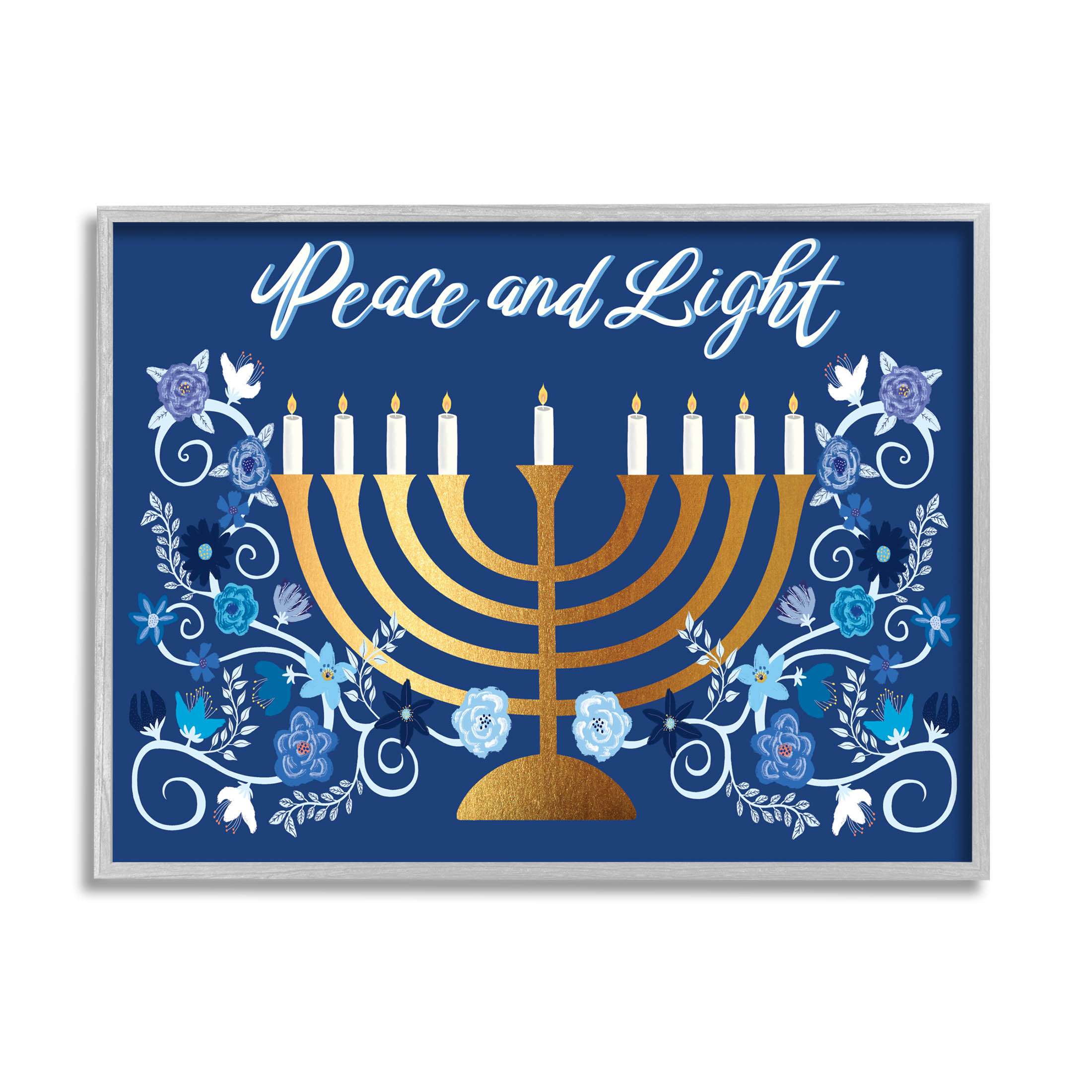 Peace & Light Floral Hanukkah Menorah Holiday Graphic Art Gray Framed Art Print Wall Art