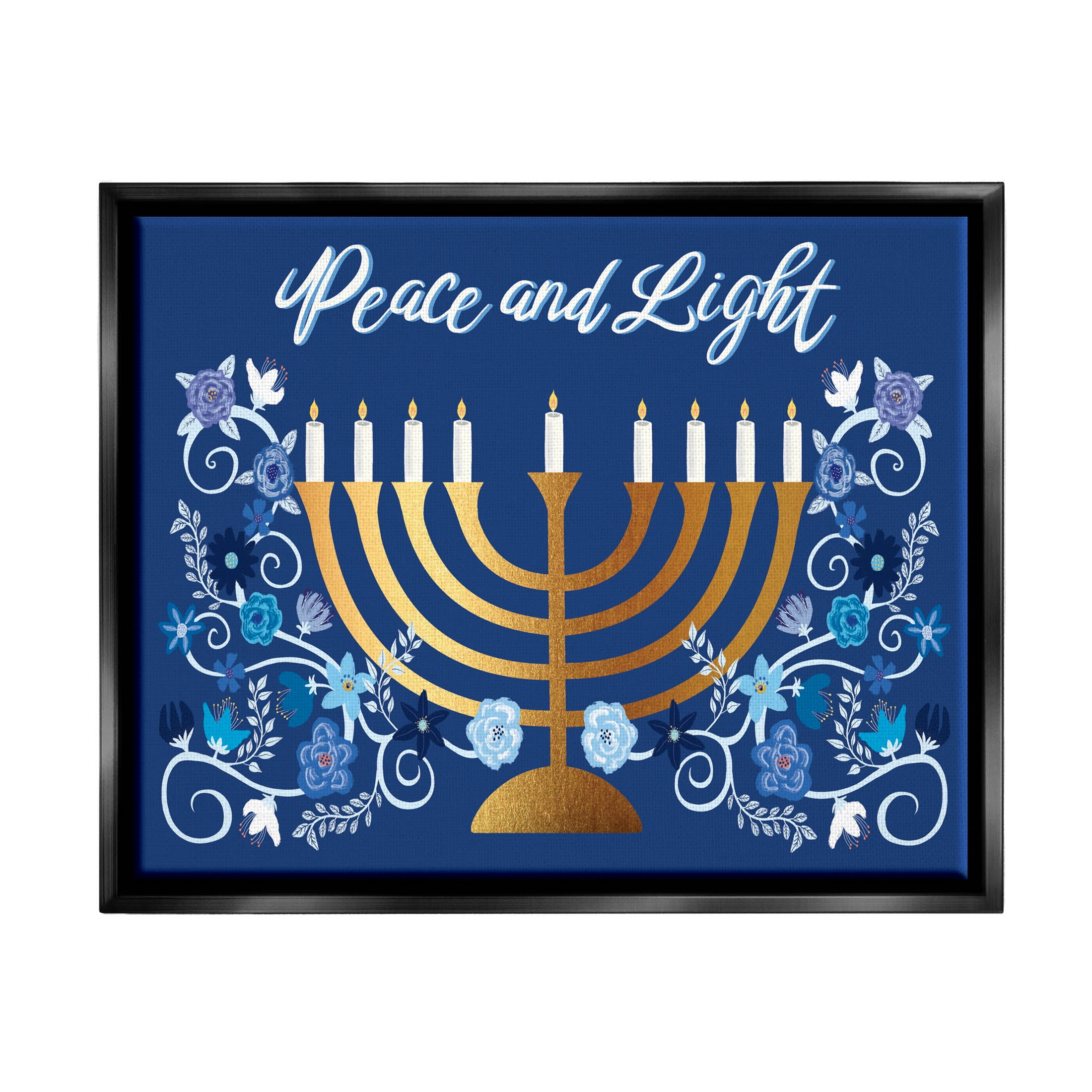 Peace & Light Floral Hanukkah Menorah Holiday Graphic Art Jet Black Framed Art Print Wall Art