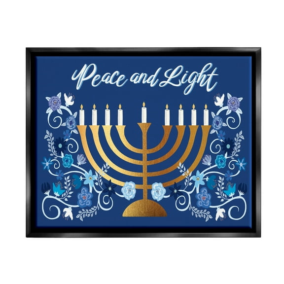 Peace & Light Floral Hanukkah Menorah Holiday Graphic Art Jet Black Framed Art Print Wall Art