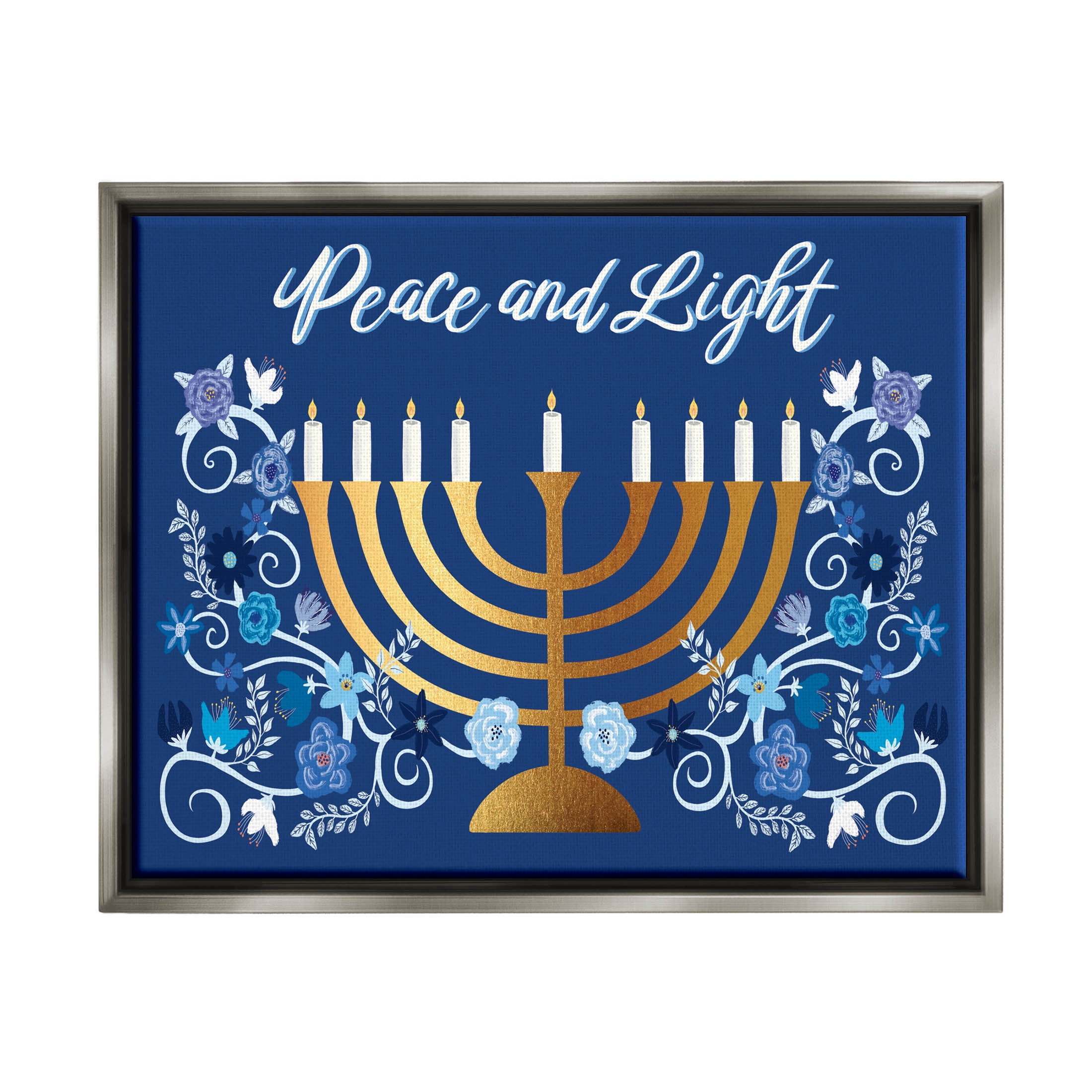Peace & Light Floral Hanukkah Menorah Holiday Graphic Art Luster Gray Framed Art Print Wall Art
