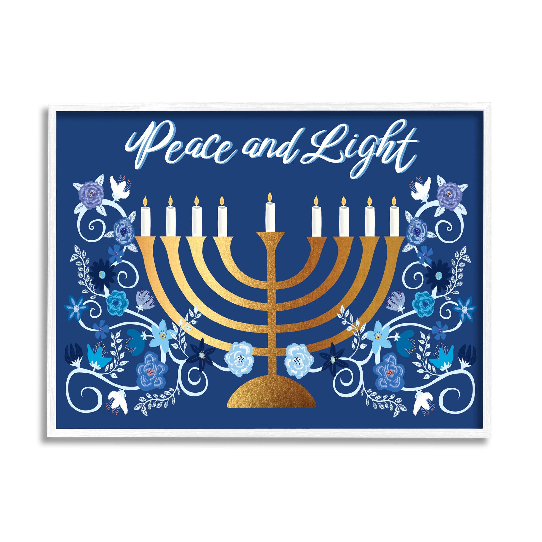 Peace & Light Floral Hanukkah Menorah Holiday Graphic Art White Framed Art Print Wall Art