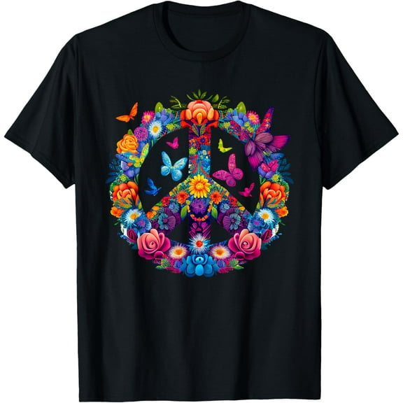 Peace Love 60's 70's groovy Costume Colorful Flowers T-ShirtMen and women, Black T-shirt, size: Extra large