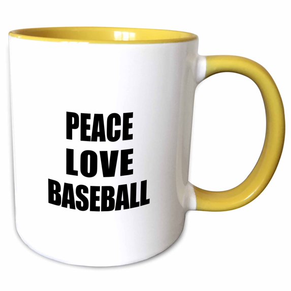 3drose, Peace Love and Baseball - Things That Make Me Happy - Baseballer Gift, 15oz Two-tone Yellow Mug