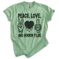 thumbnail image 1 of Peace Love And Horror Tee, Unisex Women's Men's Shirt, Horror Movie Classic Film Lover Halloween Gift, Heather Apple Green, X-Small, 1 of 6