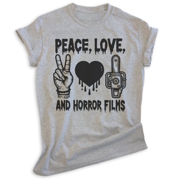 Peace Love And Horror Tee, Unisex Women's Men's Shirt, Horror Movie Classic Film Lover Halloween Gift, Heather Gray, X-Large