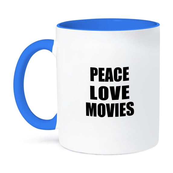 3dRose, Peace Love and Movies - Things that make me happy - movie buff gift, 15oz Two-Tone Blue Mug