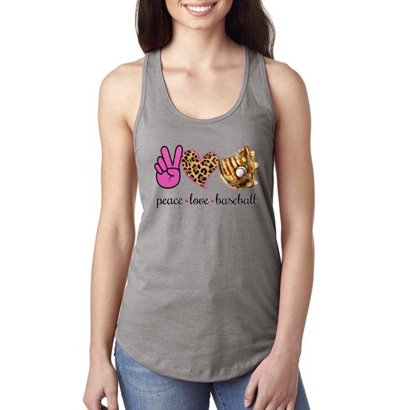 Peace Love Baseball Sports Ladies Racerback Tank Top, Heather Grey, Large
