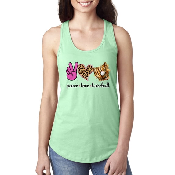 Peace Love Baseball Sports Ladies Racerback Tank Top, Mint, Medium