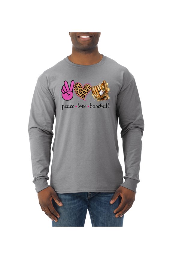 Peace Love Baseball Sports Mens Long Sleeve Shirt, Heather Grey, Medium