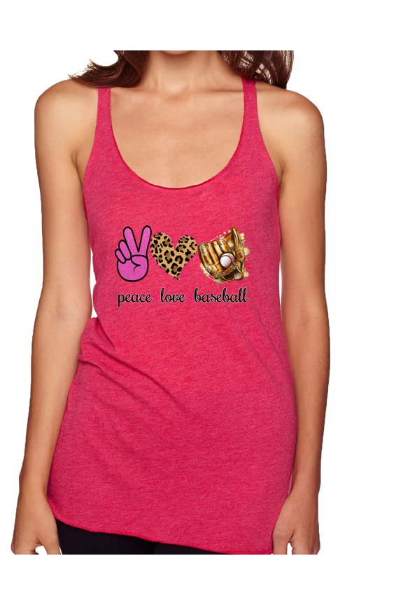 Peace Love Baseball Sports Tri-Blend Racerback Tank Top, Shocking Pink, Large