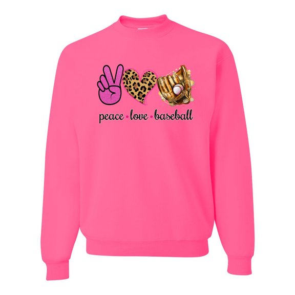 Peace Love Baseball Sports Unisex Crewneck Graphic Sweatshirt, Neon Pink, 3X-Large