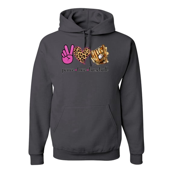 Peace Love Baseball Sports Unisex Graphic Hoodie Sweatshirt, Charcoal, XX-Large