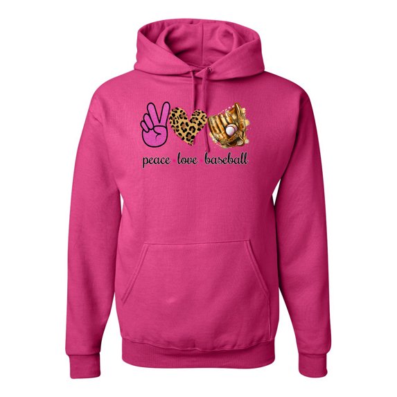 Peace Love Baseball Sports Unisex Graphic Hoodie Sweatshirt, Fuschia, Large