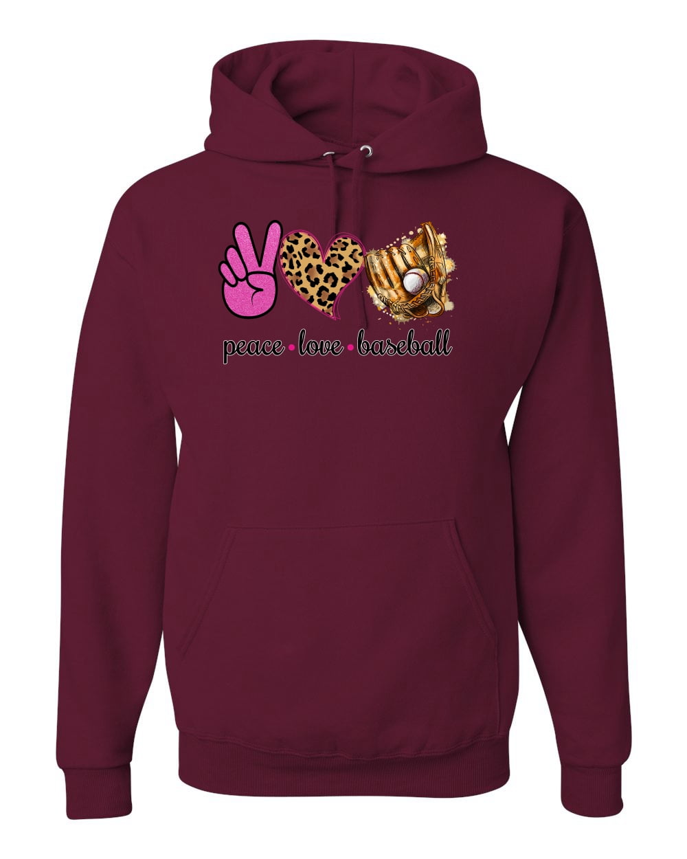 Peace Love Baseball Sports Unisex Graphic Hoodie Sweatshirt Maroon Large