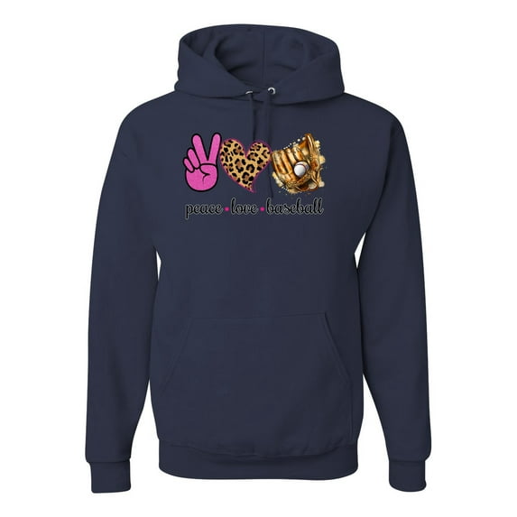 Peace Love Baseball Sports Unisex Graphic Hoodie Sweatshirt, Navy, Large