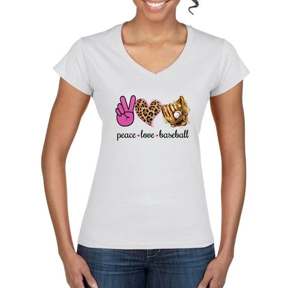 Peace Love Baseball Sports Women's Standard V-Neck Tee, White, X-Large