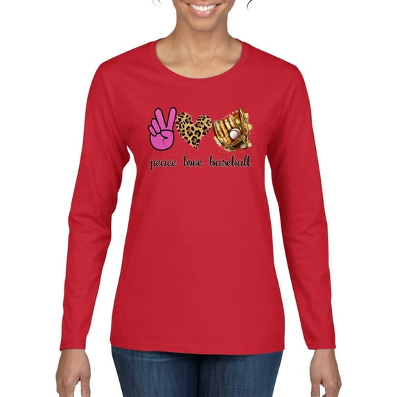 Peace Love Baseball Sports Womens Graphic Long Sleeve T-Shirt, Red, Medium